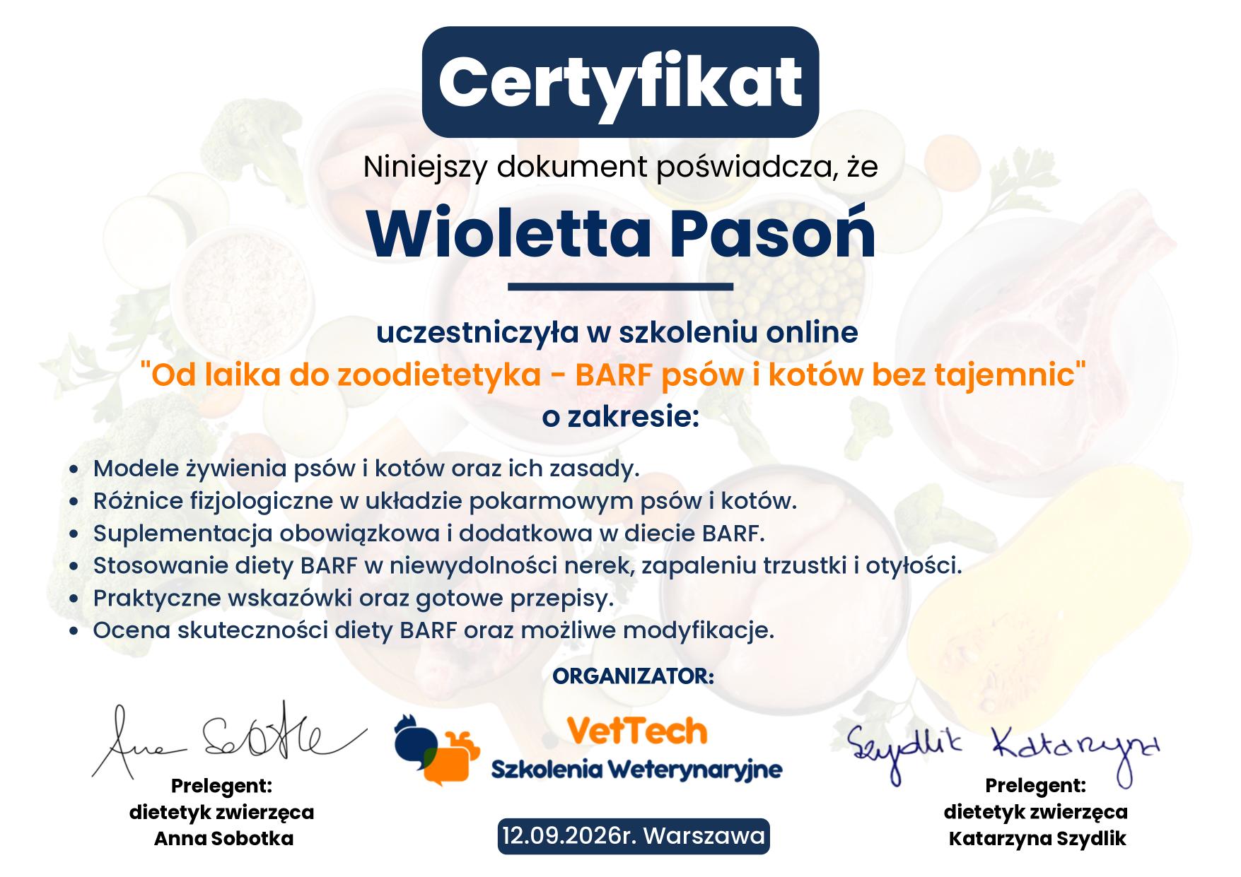 Certyfikat – BARF psów i kotów