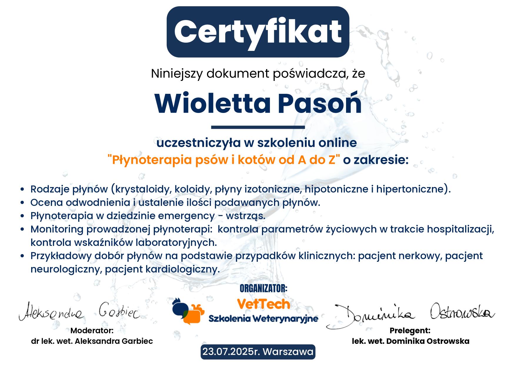Certyfikat – płynoterapia