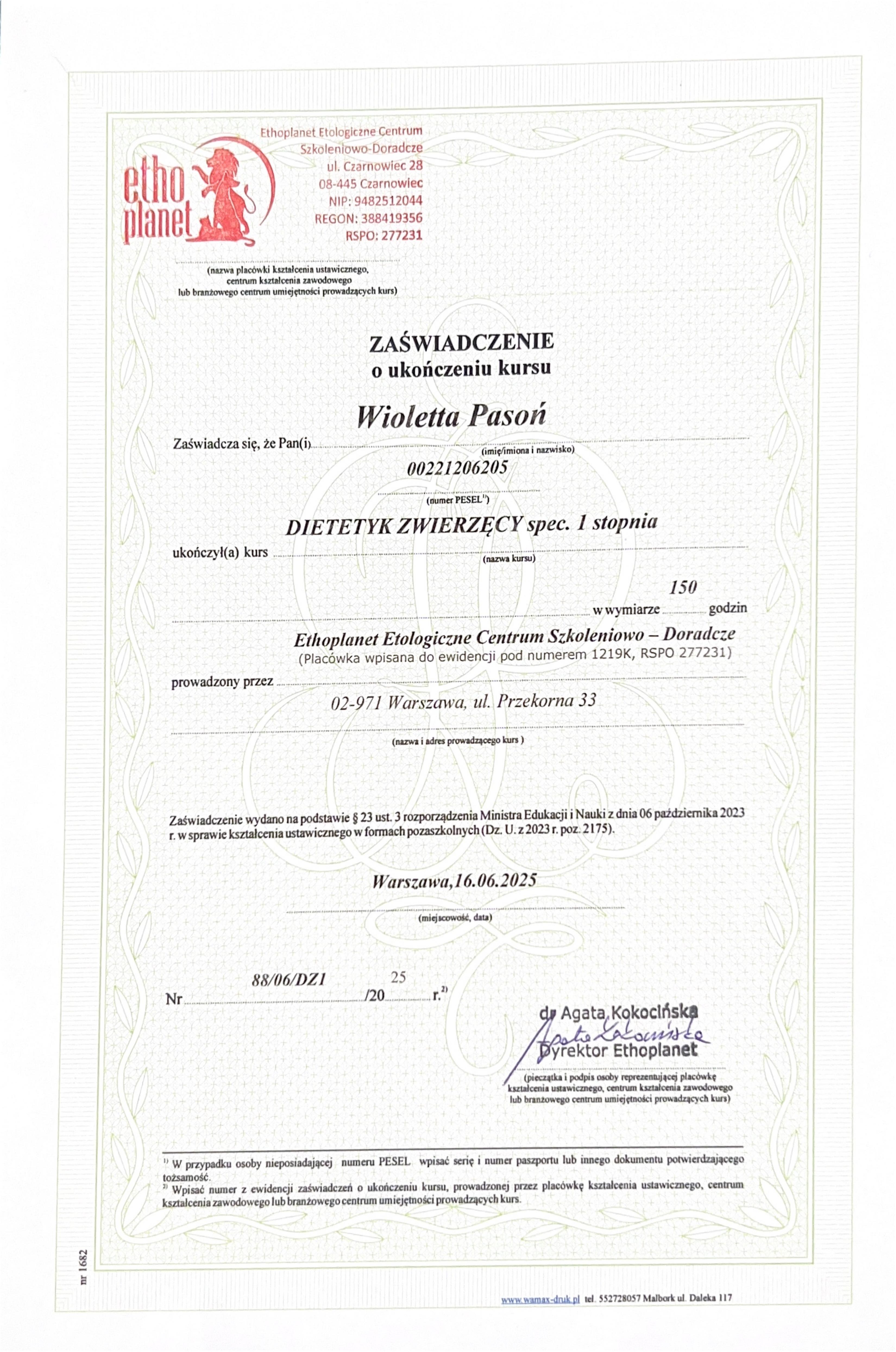 Zaświadczenie – dietetyka zwierząt